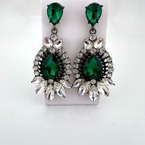 Elegant Green Rhinestone and Silver Toned Drop Statement Earrings